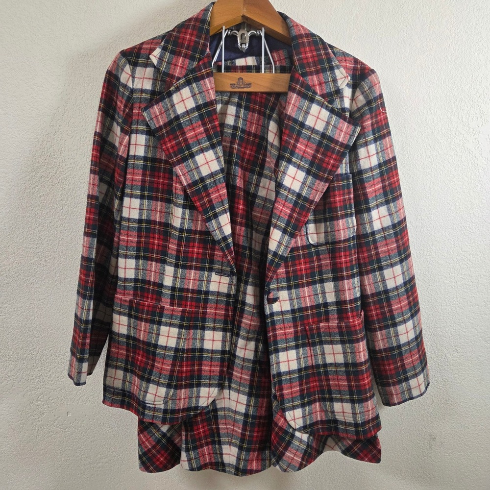 Vintage Plaid Skirt Suit Set Red Navy Tartan Blazer & Lace Trim Midi Skirt Small